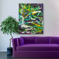 Grasshopper Abstract art by Doug LaRue on a living room wall over a purple couch