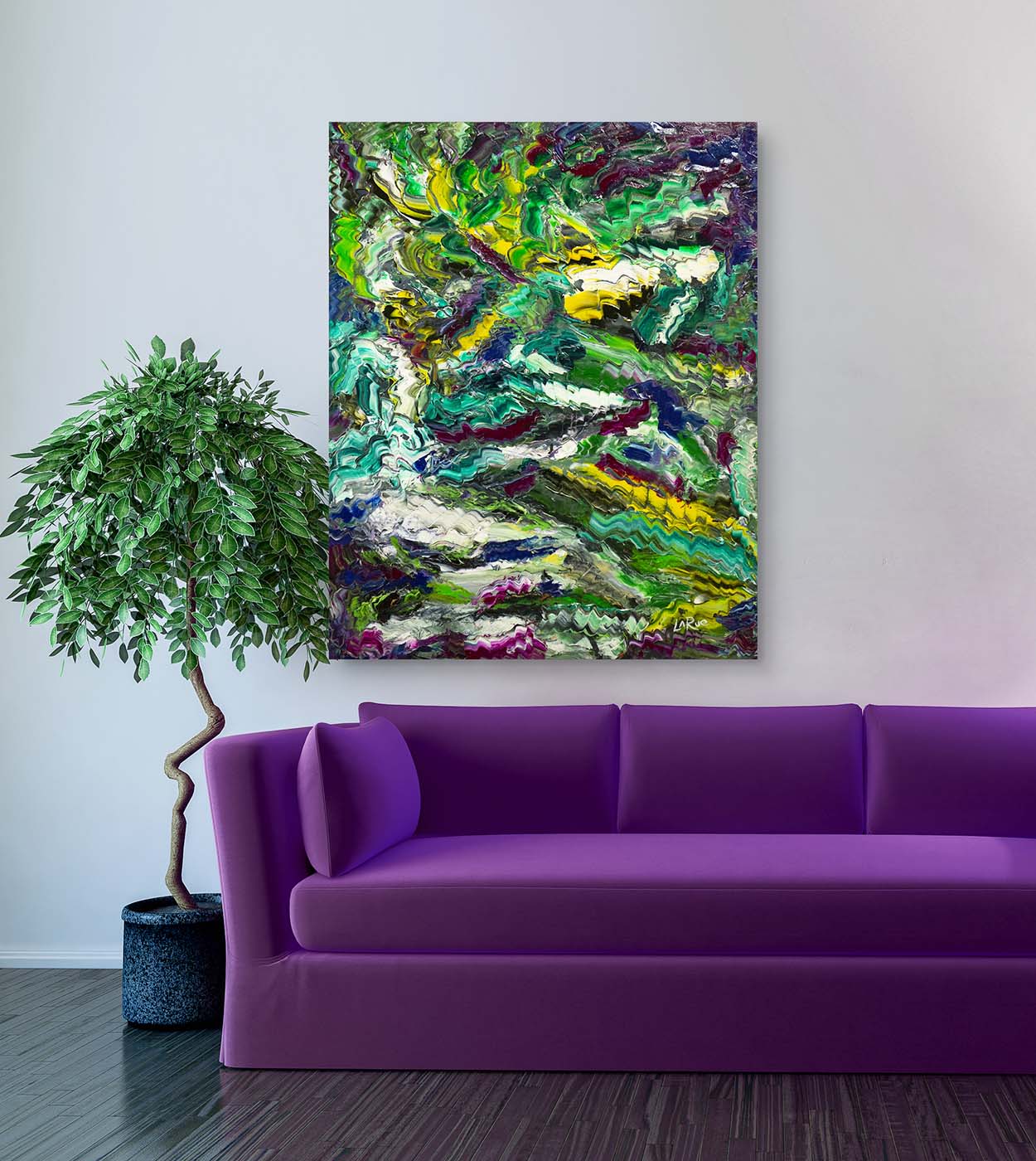 Grasshopper Abstract art by Doug LaRue on a living room wall over a purple couch
