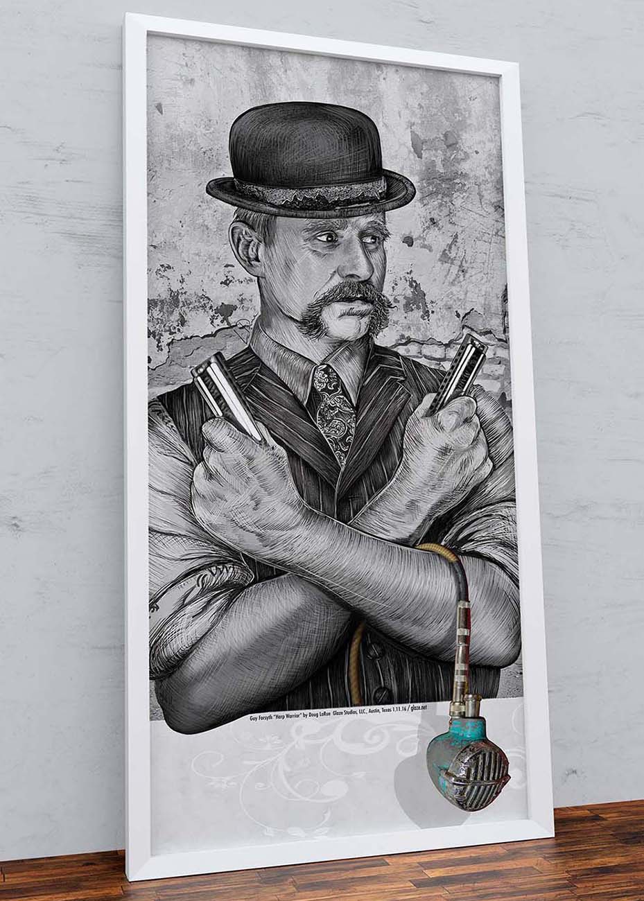 Guy Forsyth portrait art by Doug LaRue. Vintage Blues Man wearing a dapper derby hat and a pin striped vest and a paisley tie sporting couple harmonicas and a microphone, framed poster
