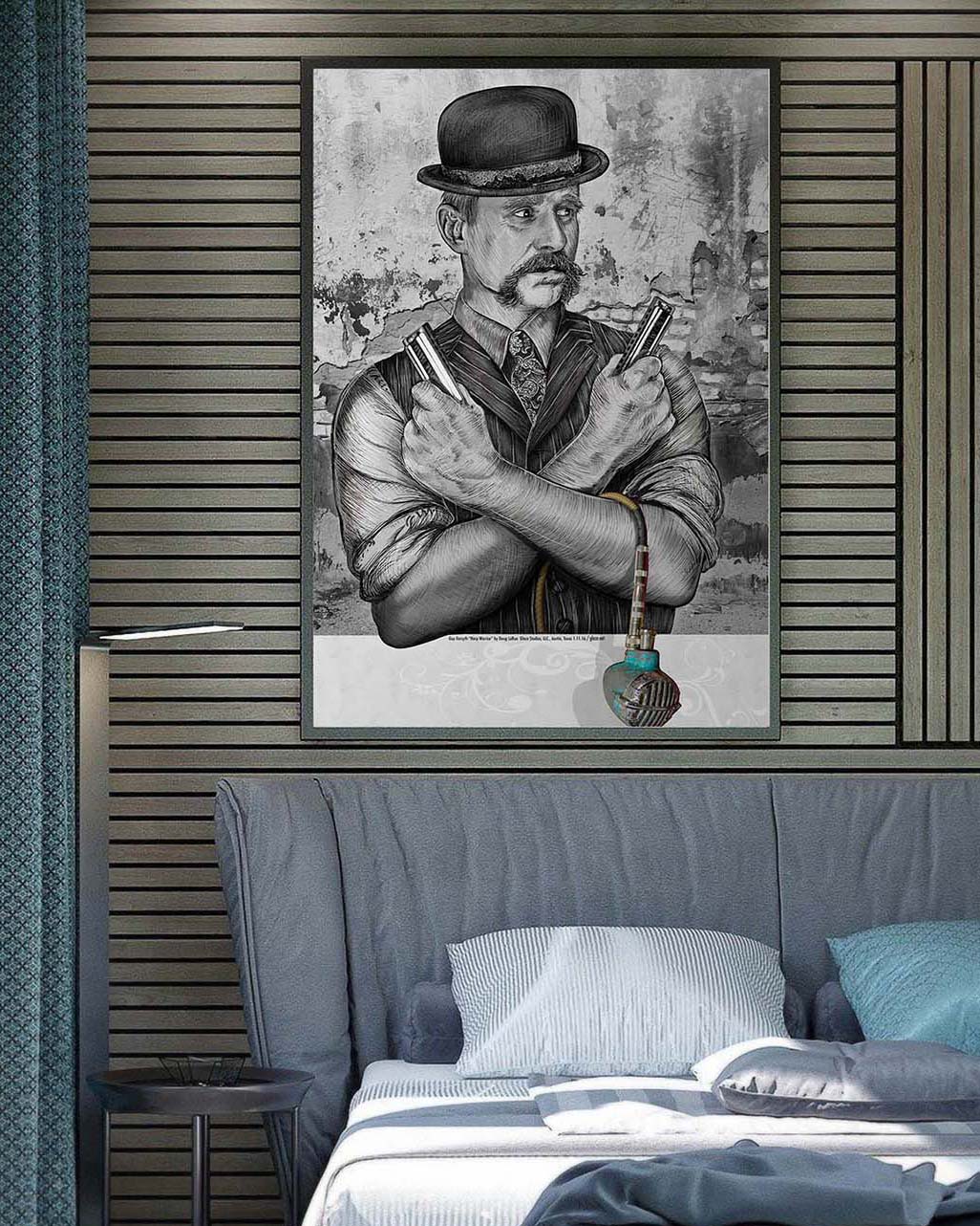 Guy Forsyth portrait art by Doug LaRue. Vintage Blues Man wearing a dapper derby hat and a pin striped vest and a paisley tie sporting couple harmonicas and a microphone, large framed print on a bedroom wall