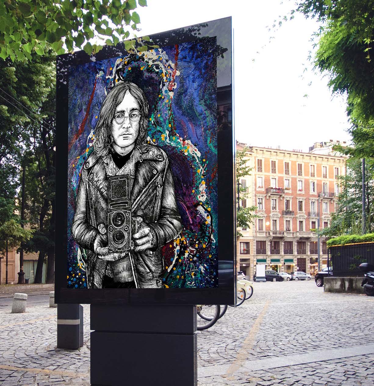 Outdoor gallery sign with John Lennon Twin Lens mixed media by Dough LaRue