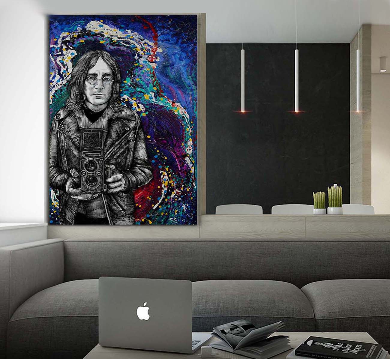 Large print of John Lennon Twin Lens mixed media by Dough LaRue in a modern living room behind a Mac laptop