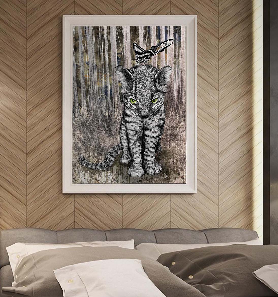 Jungle Kitty and Butterfly mixed media art by Doug LaRue on a bedroom wall