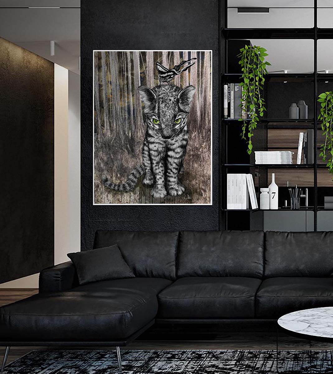 Jungle Kitty and Butterfly mixed media art by Doug LaRue on a living room wall