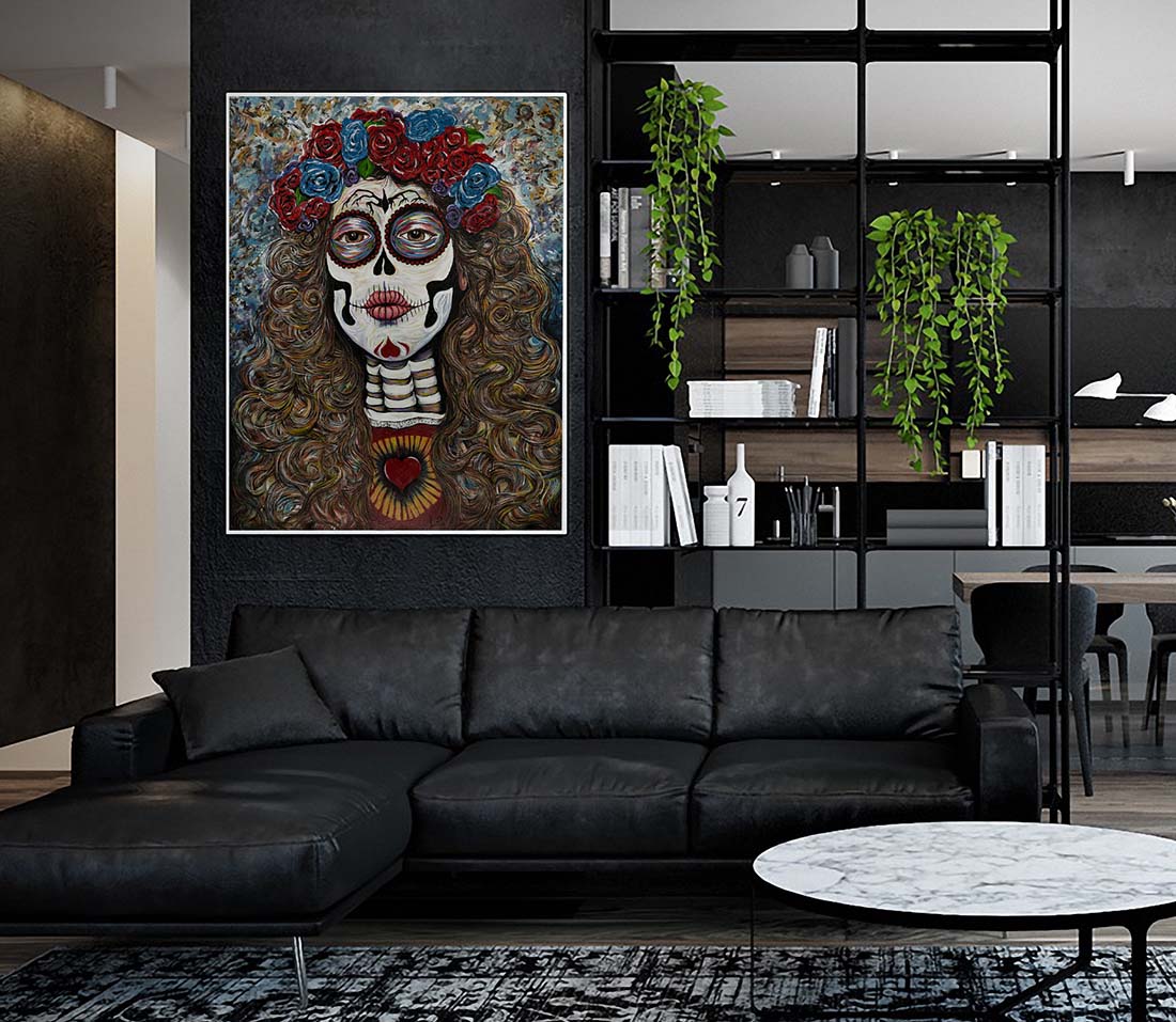 Millie Katrina painting by Doug LaRue on a grey wall in a livingroom over a black leather couch