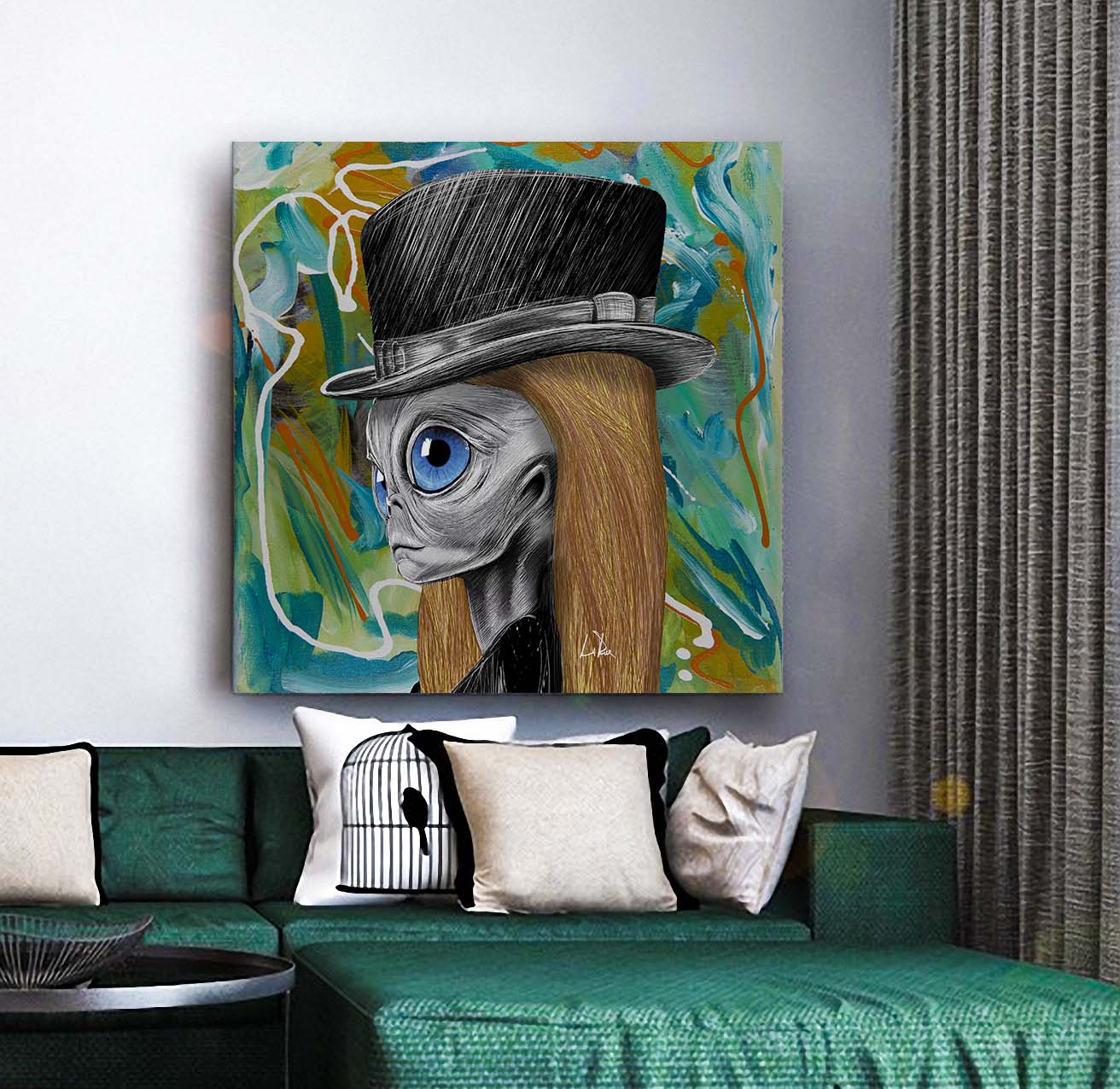 Lady Grey art by Doug LaRue on a living room wall over a green couch
