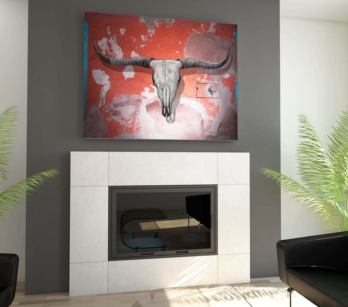 Longhorn Skull and Scorpion on a distressed pale tangerine wall hung over a modern fire place