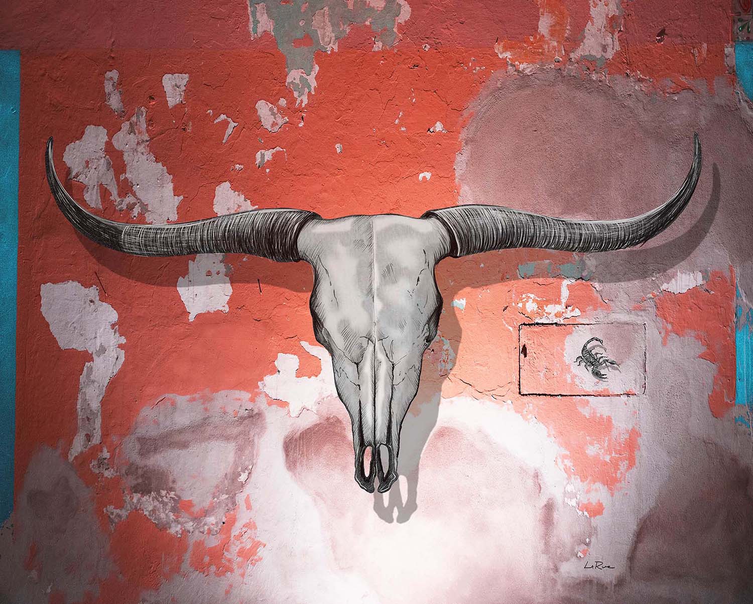 Longhorn Skull and Scorpion on a distressed pale tangerine wall by Doug LaRue