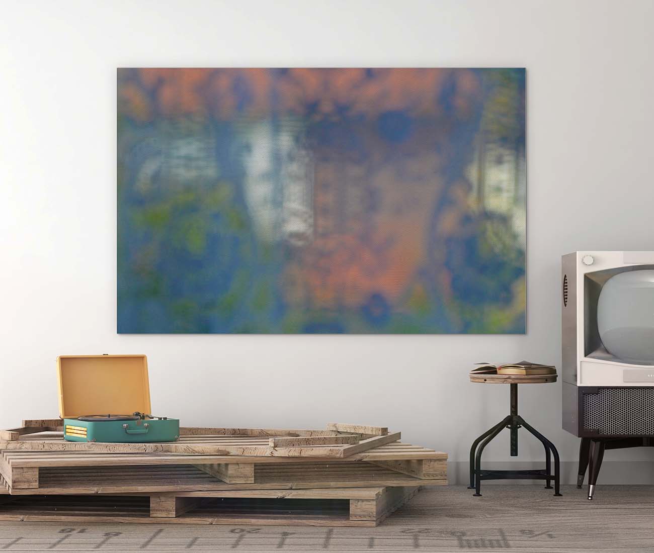 Morning Lace abstract art by Doug LaRue large print on a wall over a vintage tv