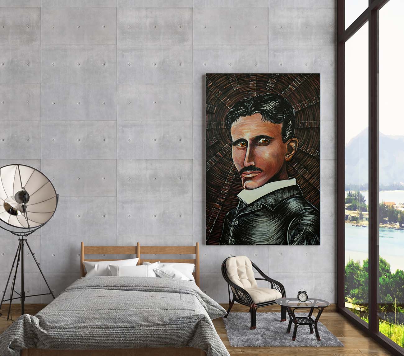 Nikola Tesla portrait painting by Doug LaRue on a wall in a lakeside home