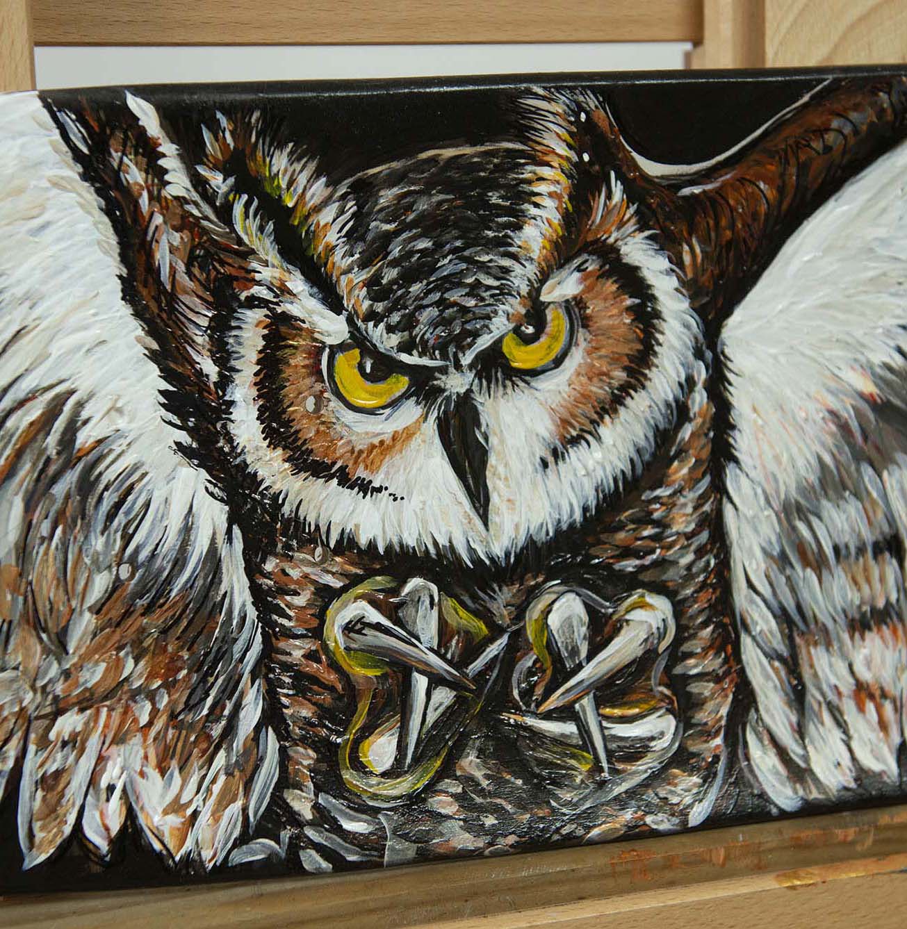 Owl painting on a  skateboard deck by Doug LaRue close up
