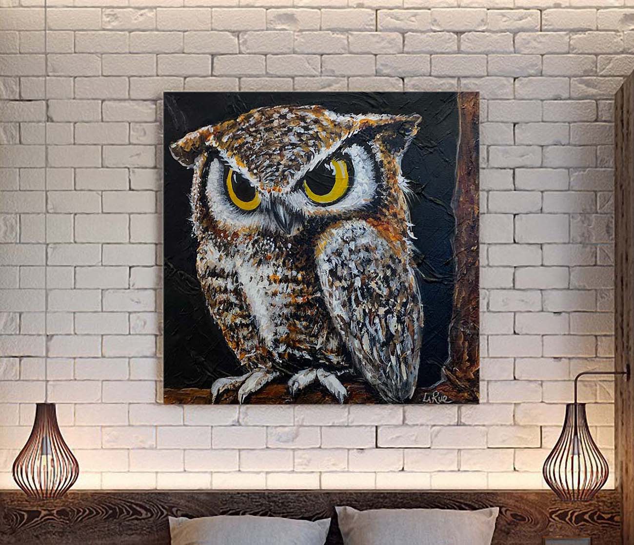 Papa Owl Acrylic on Canvas by Doug LaRue large print on a white brick wall