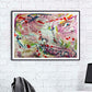 Pastel Loop abstract painting by Doug LaRue on a white brick wall