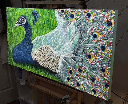 Frida Kahlo's Peacock art by Doug LaRue angled on an easel