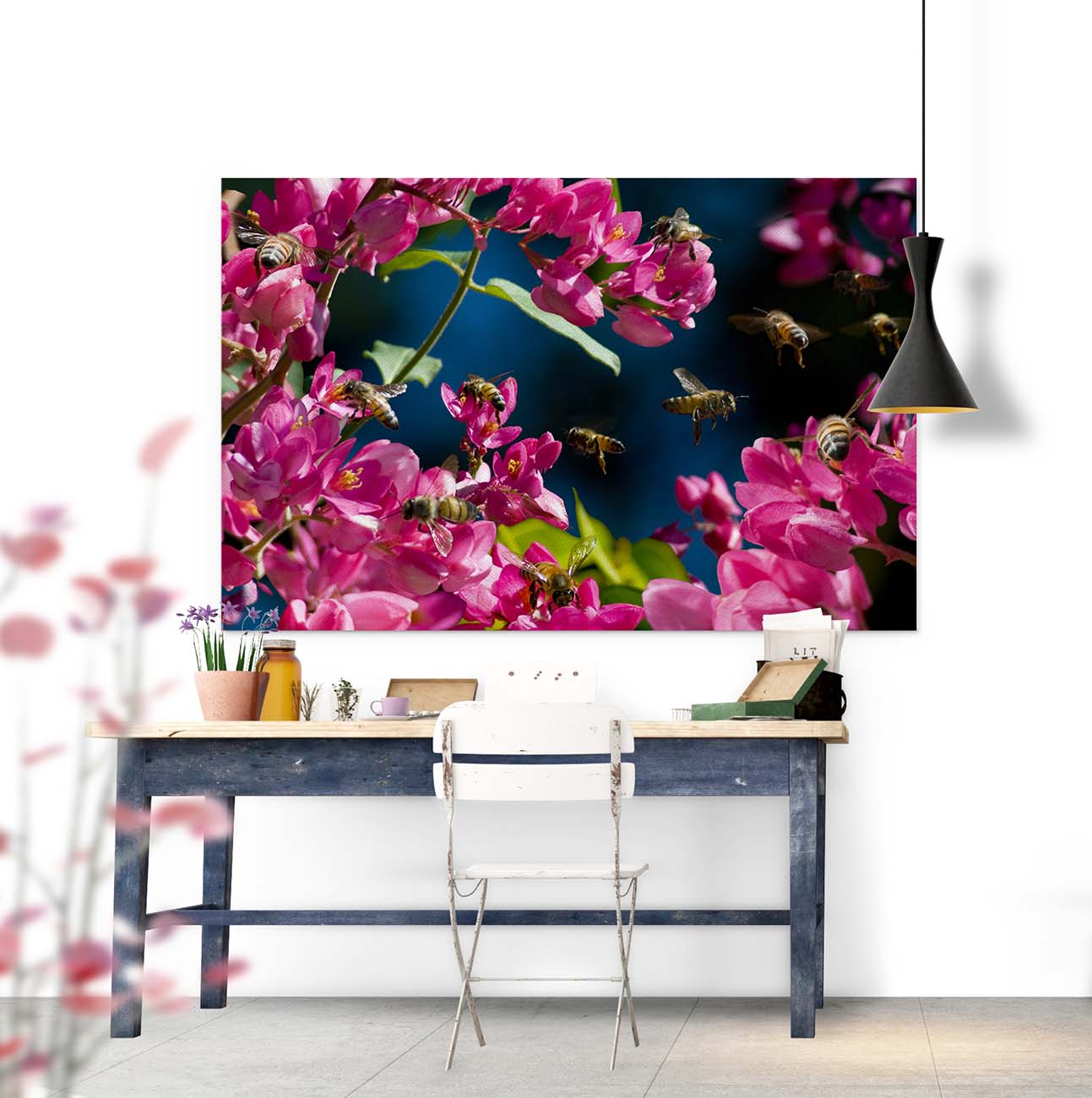 Pink Flower Bees photograph by Doug LaRue large metal print over desk