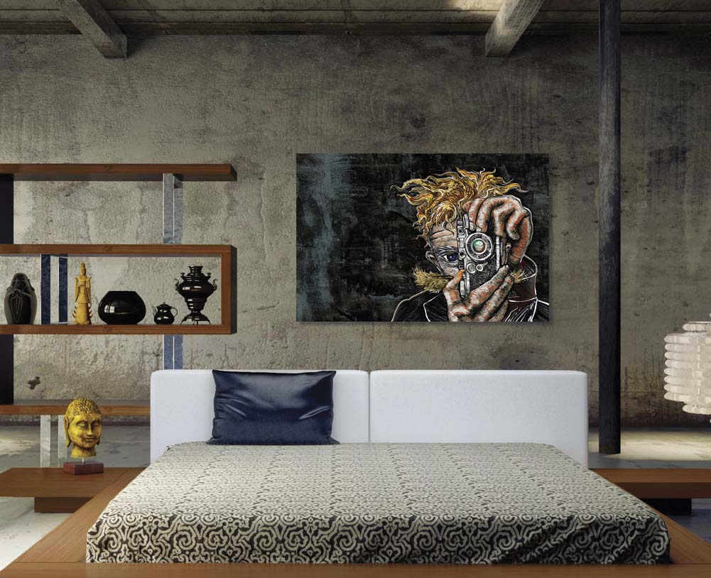 Retro Hipster Selfie mixed media art by Doug LaRue in a large bedroom with concrete walls