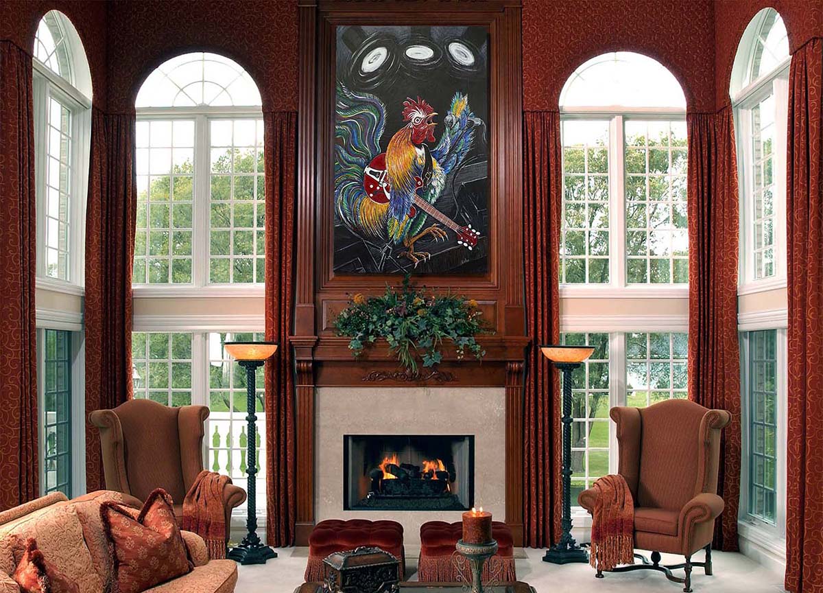 Ruling the Roost﻿ framed over a luxury fire place in a large living space