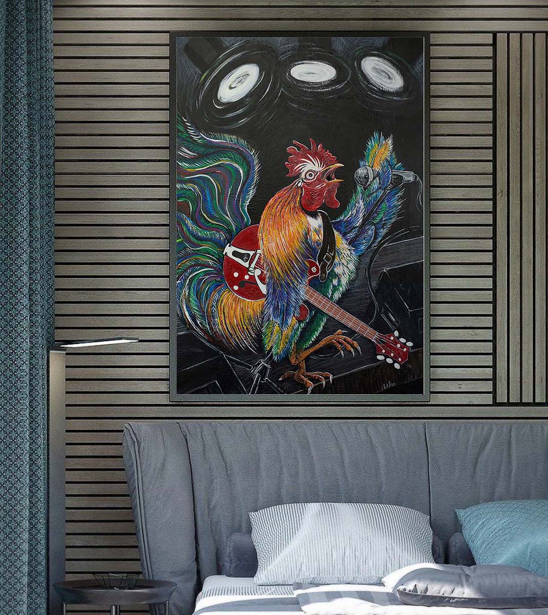 Ruling the Roost﻿ framed print on a wood panel wall over a bed
