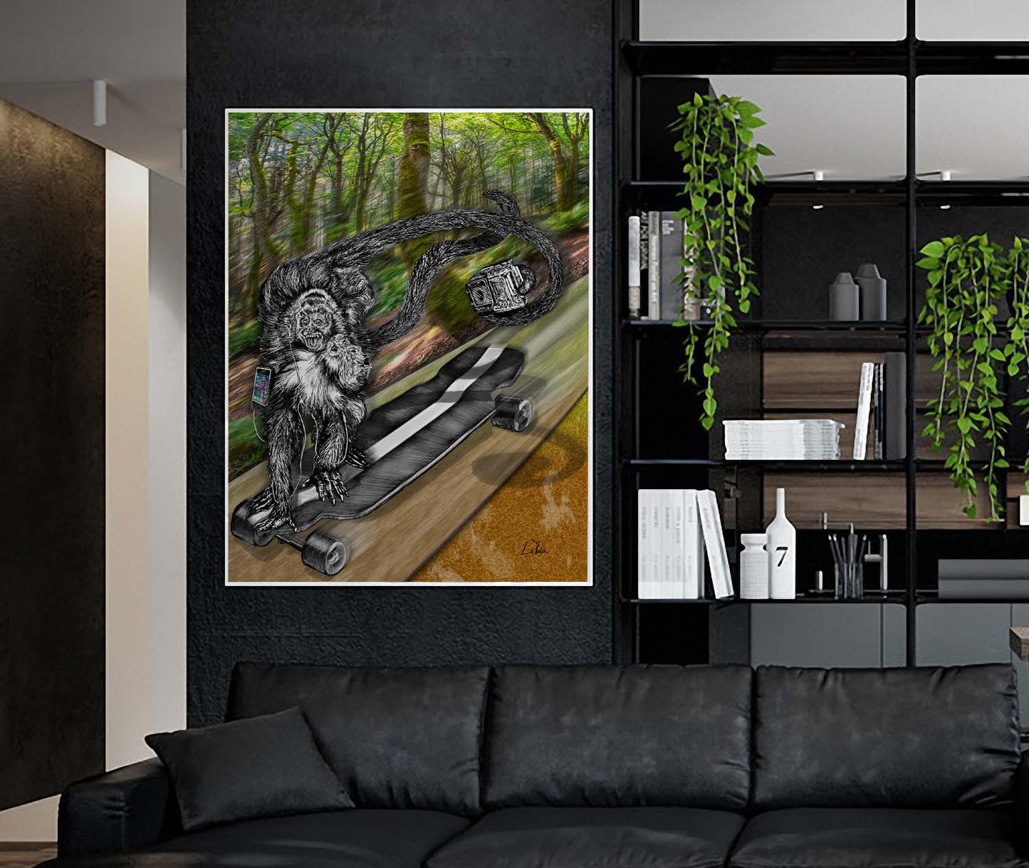 Simian Skate Selfie art by Doug LaRue large print on a black wall behind a black suede leather couch