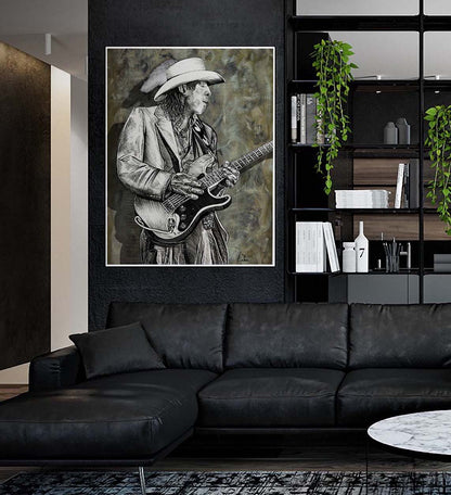 Stevie Ray Vaughan 22 artwork by Doug LaRue in a modern living room over a black leather couch