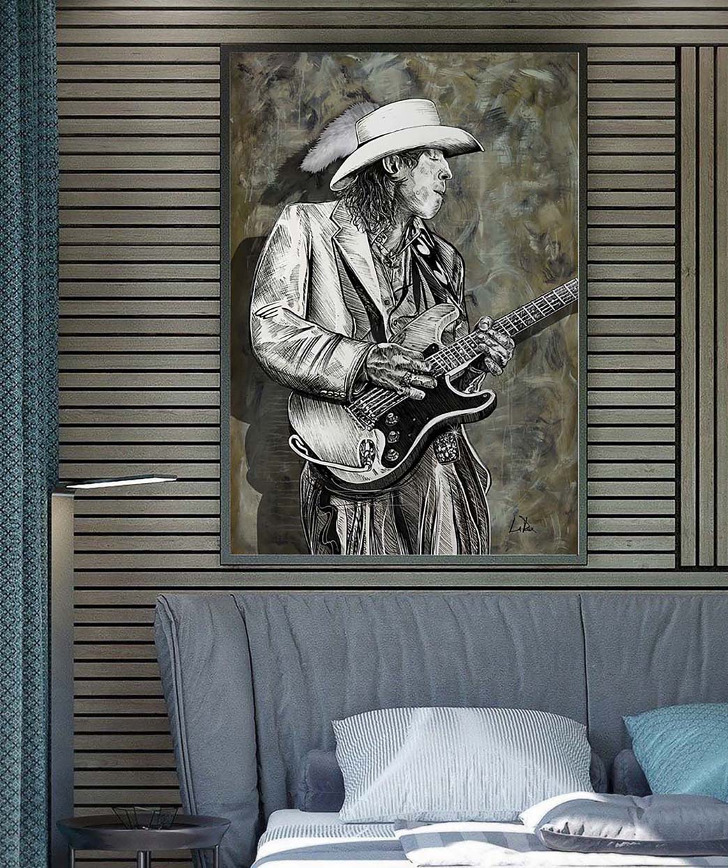 Stevie Ray Vaughan 22 artwork by Doug LaRue in a modern bedroom over a bed