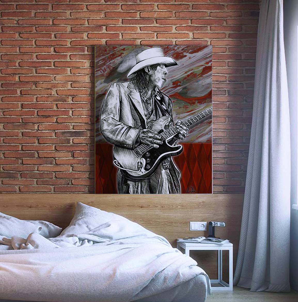 Guitarist Stevie Ray Vaughan mixed media art print on a bedroom brick wall