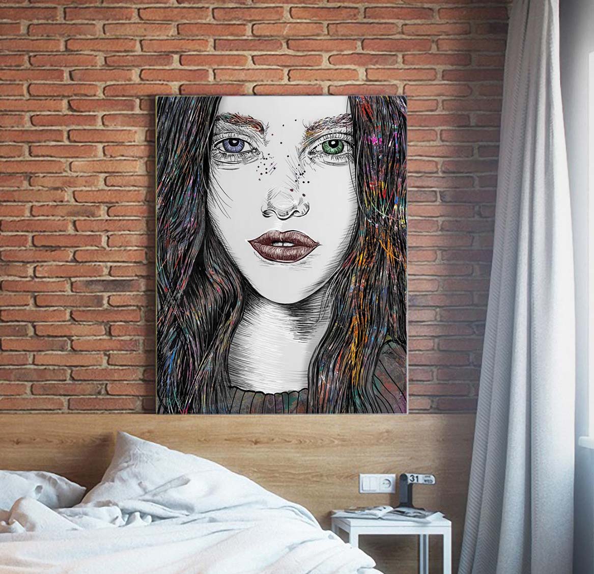Tara mixed media portrait by Doug LaRue on a red brick wall in a bedroom