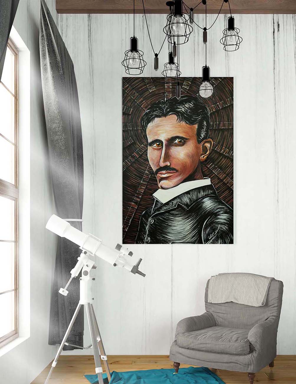Nikola Tesla portrait painting by Doug LaRue on a wall in a study
