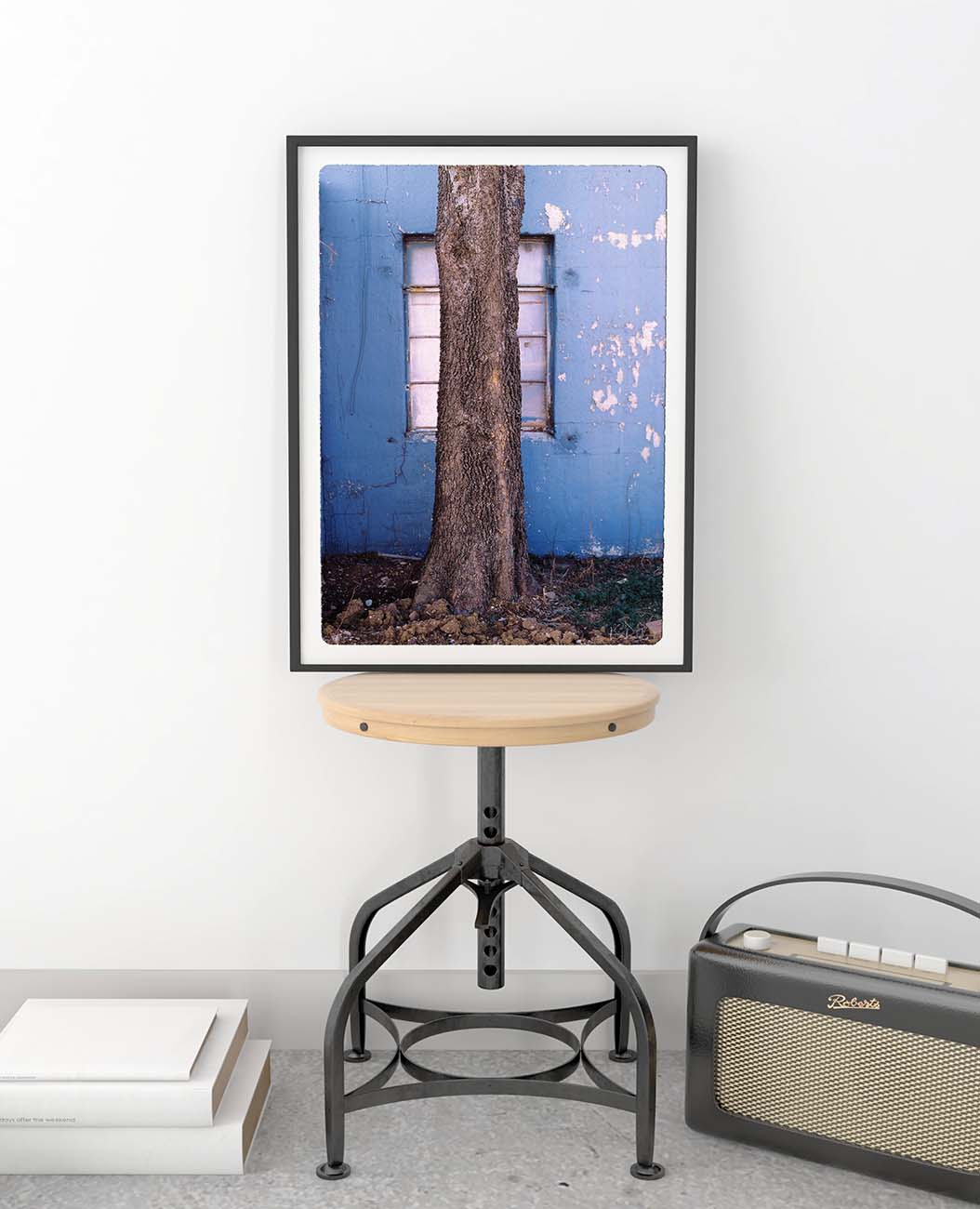 Tree View art photography by Doug LaRue framed print leaning on a wall on a desk stool