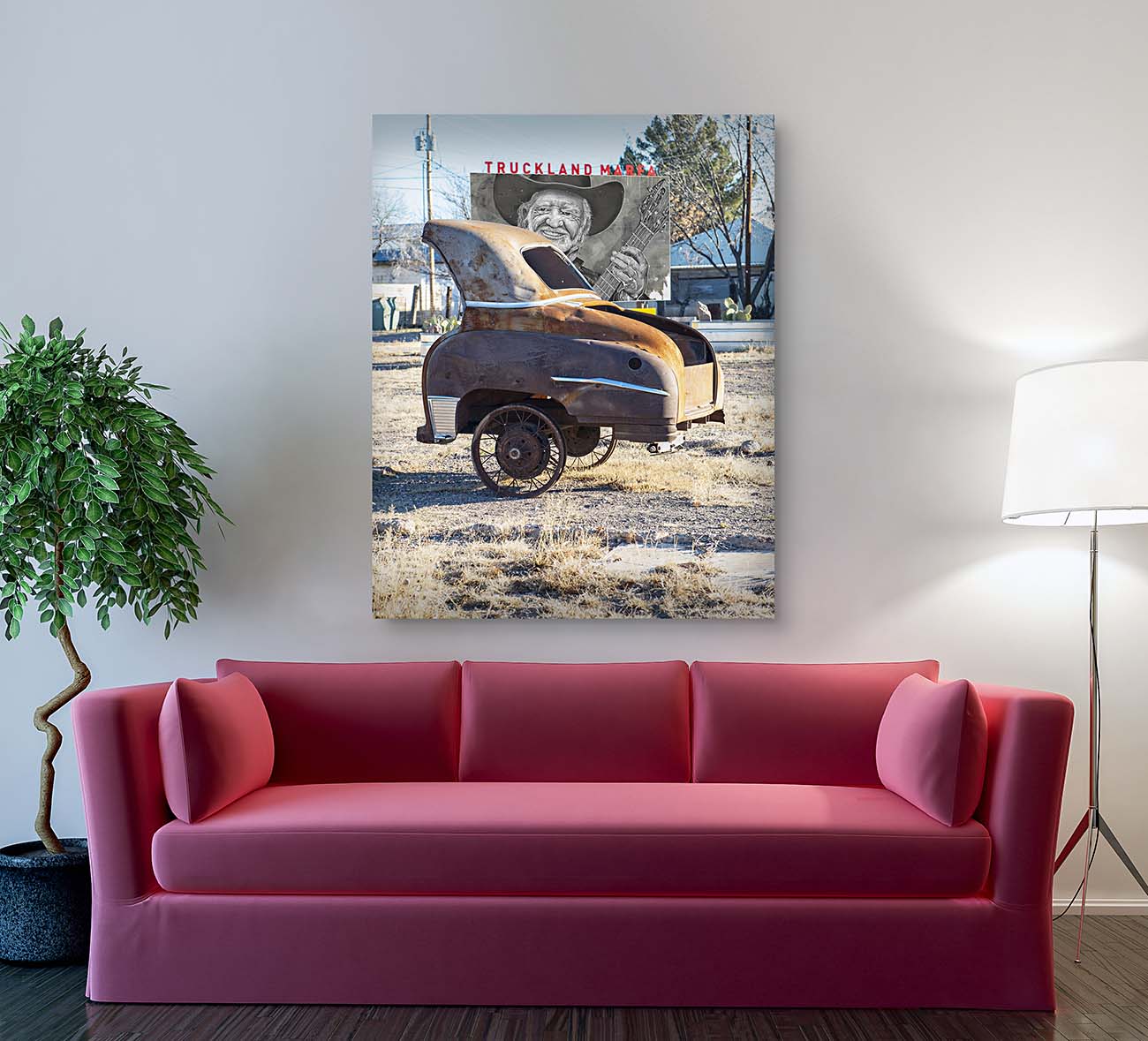 Marfa Truckland photograph by Doug LaRue large print over a red couch