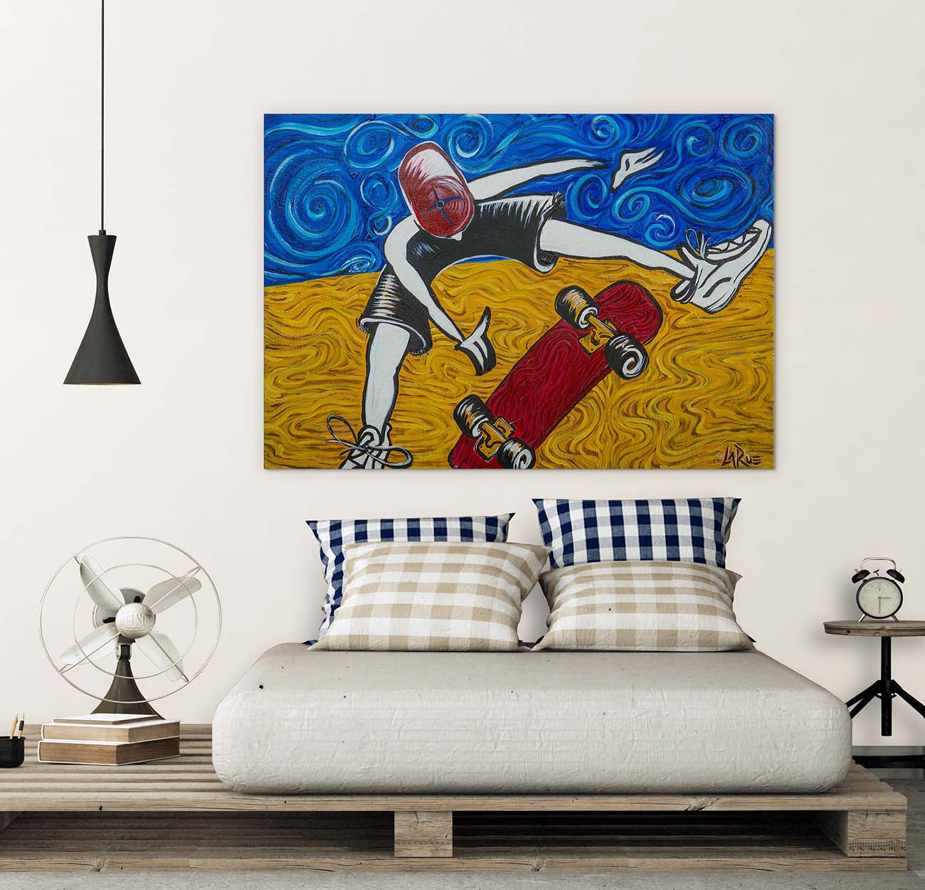 Van Gogh's Half Pipe canvas painting by Doug LaRue on a wall over a bed