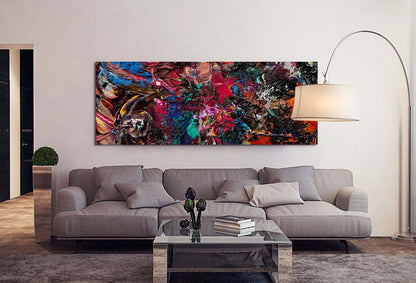 Vid-19 Dantes Expanse art print on a wall behind a living room couch and lamp