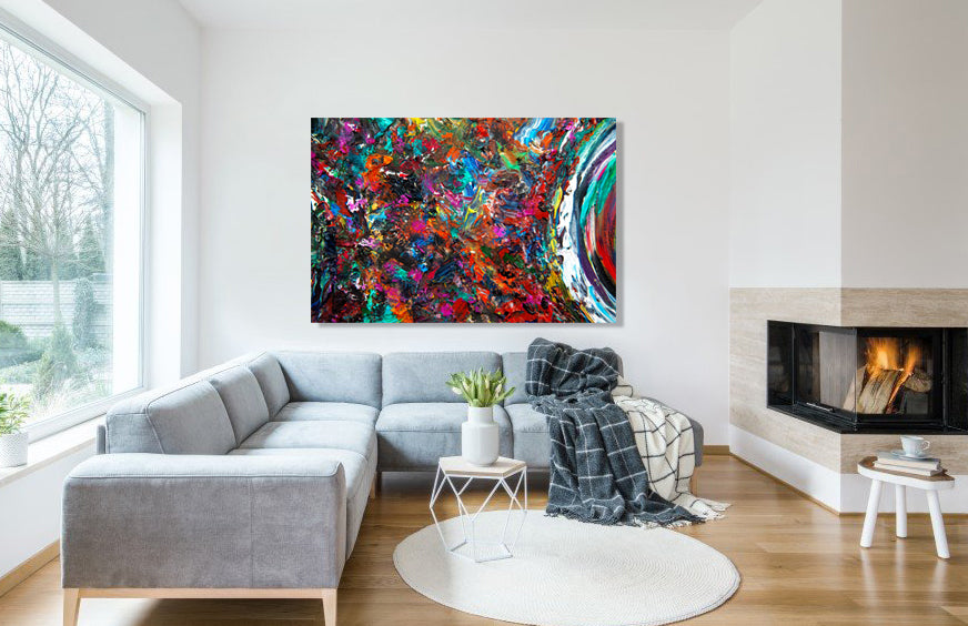 Vid-19 Saturn Ejection abstract art by Doug LaRue large print on a living room wall