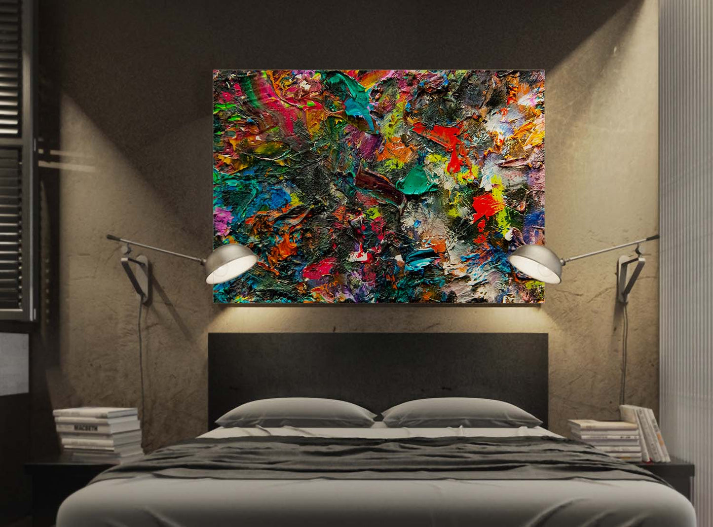 Vid-19 Organic Spackle art print over a large bed with reading lamps