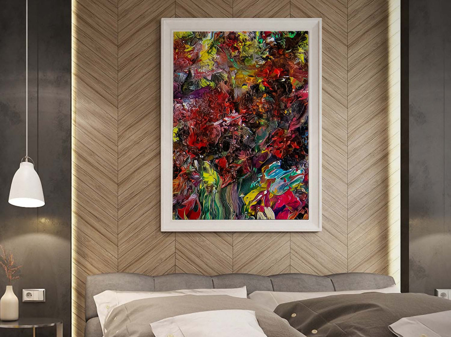 Vid-19 Potpourri framed art print own a wood paneled wall in a bedroom