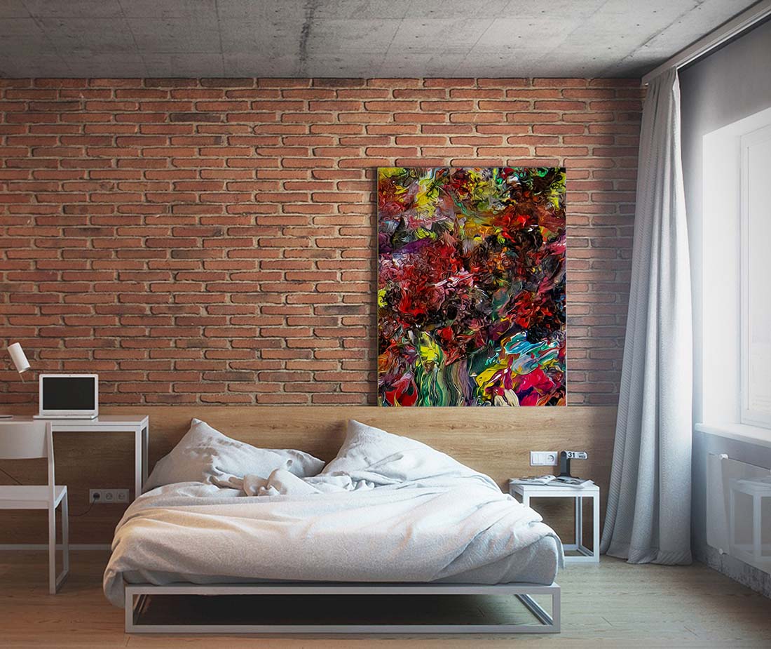 Vid-19 Potpourri art print leaning against a brick wall in a bedroom