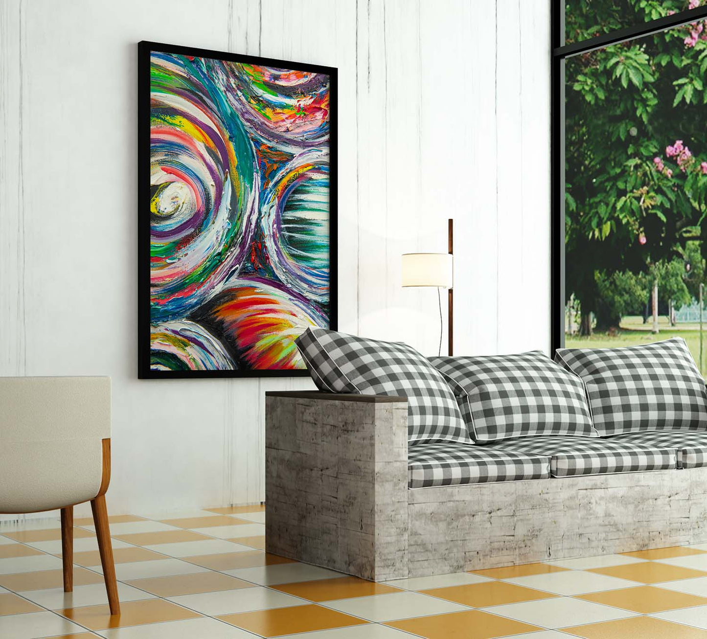 Vid-19 Quintescent abstract art print by Doug LaRue on a wall behind a couch near a window