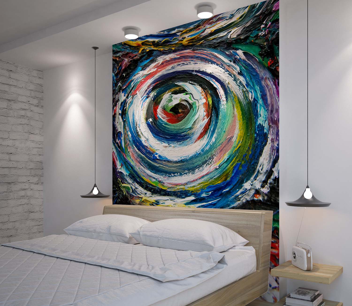 Vid-19 Quadratic Vortex abstract art wall mural behind a king size bed by Doug LaRue