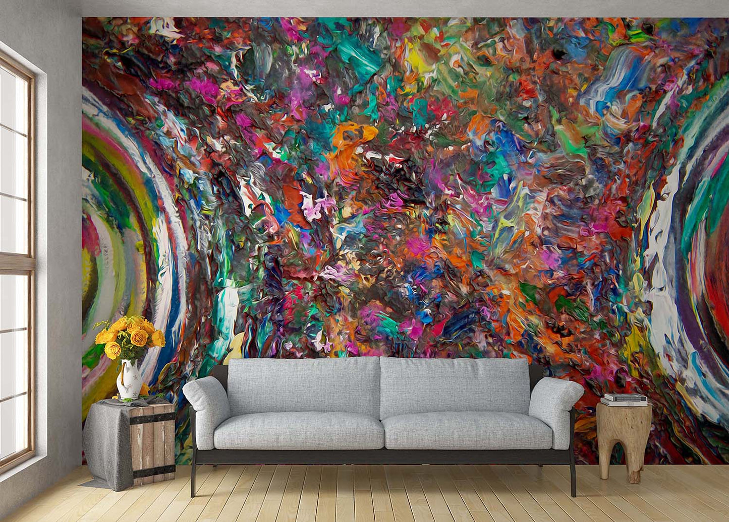 Vid-19 Entanglement abstract painting by Doug LaRue as a wall mural behind a couch