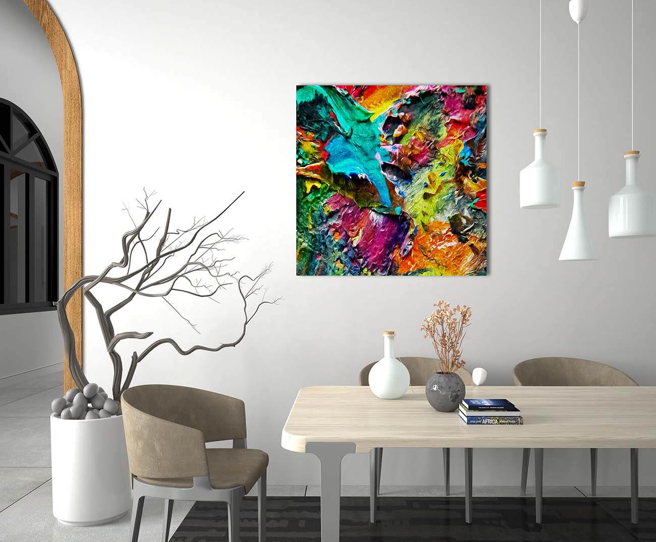 Watermelon Taffy Square 1 abstract art by Doug LaRue on a dining room wall