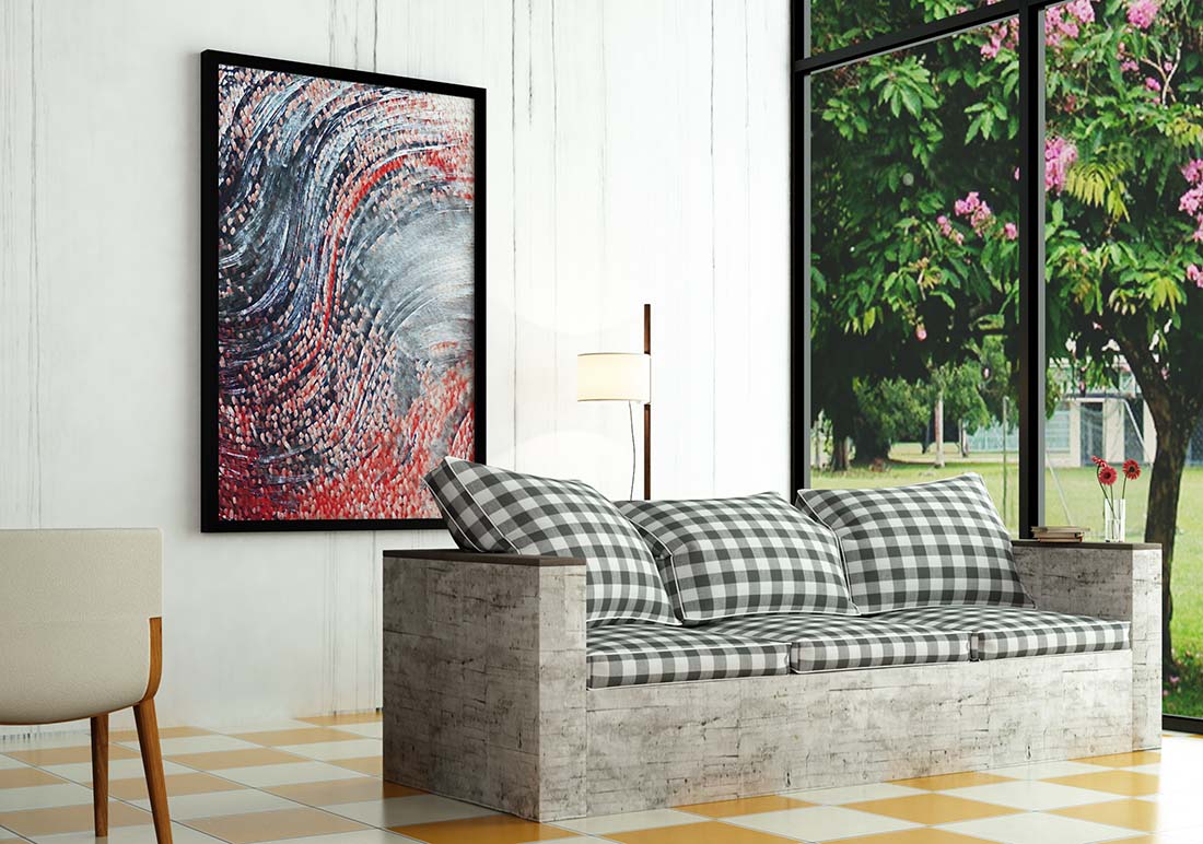 wavefront mixed media art by Doug LaRue on a living room wall