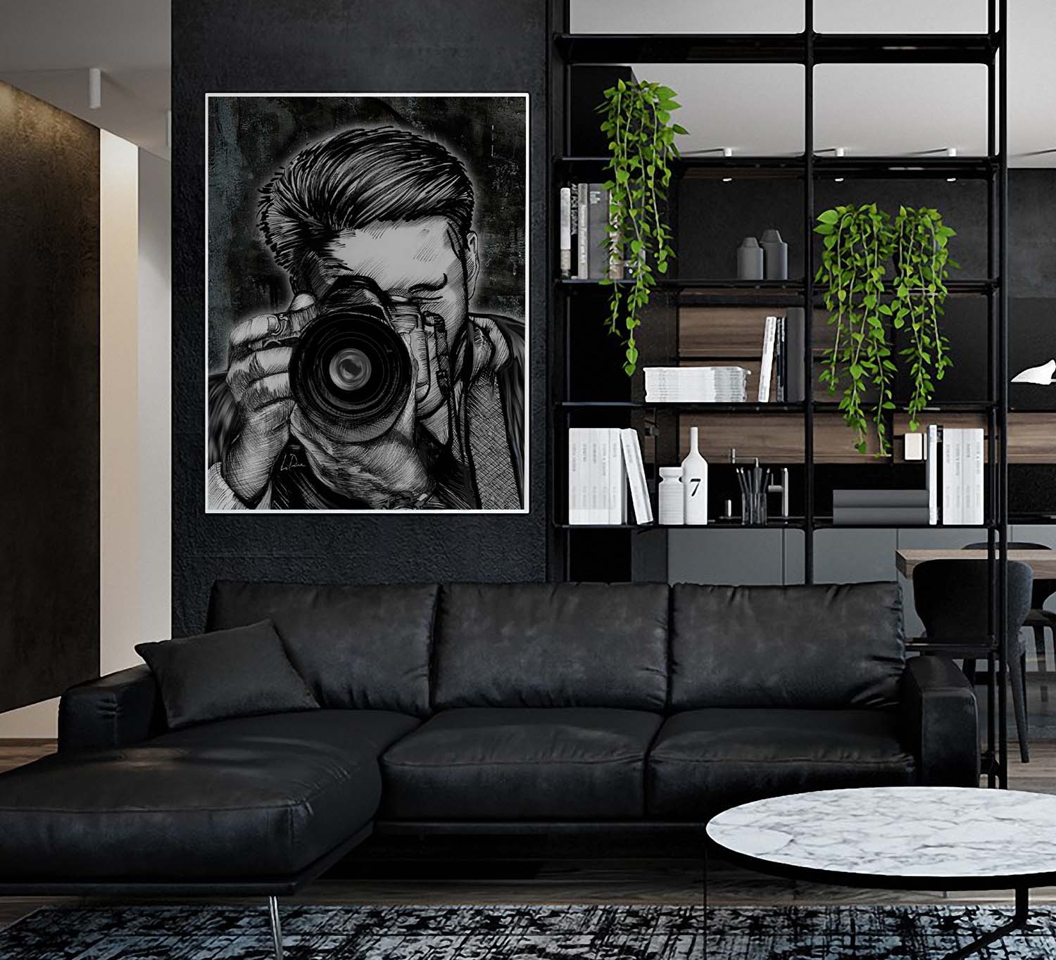 Wide Angle SLR large art print on a wall over a leather couch