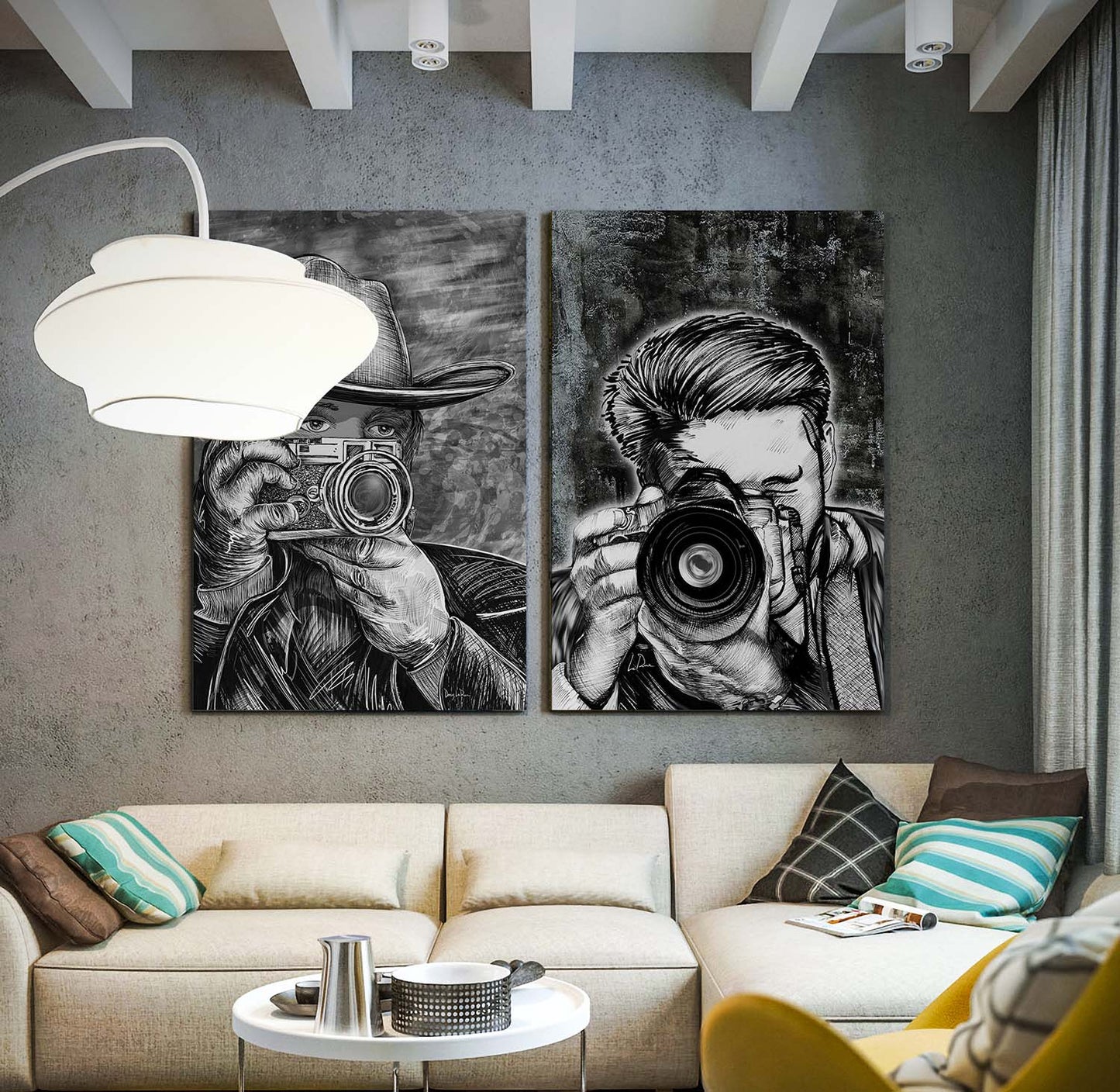 Wide Angle SLR  paired up with Western Rangefinder print for a 2 panel camera themed living room 