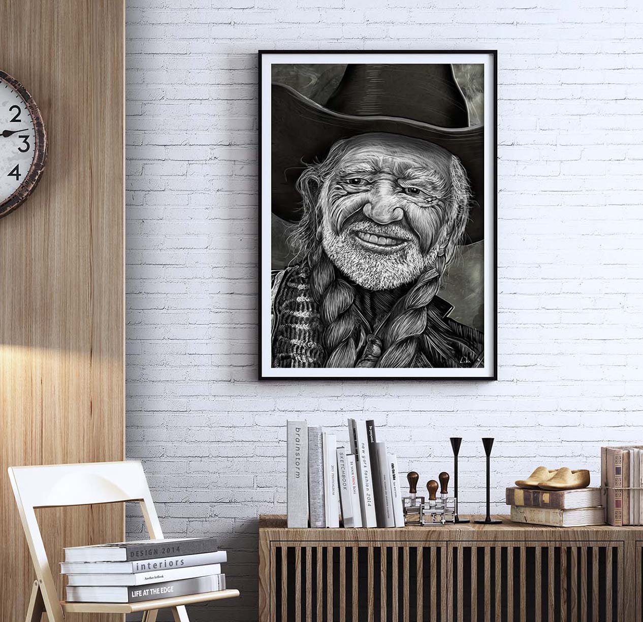 Willie Nelson artwork by Doug LaRue on a white brick wall in a study