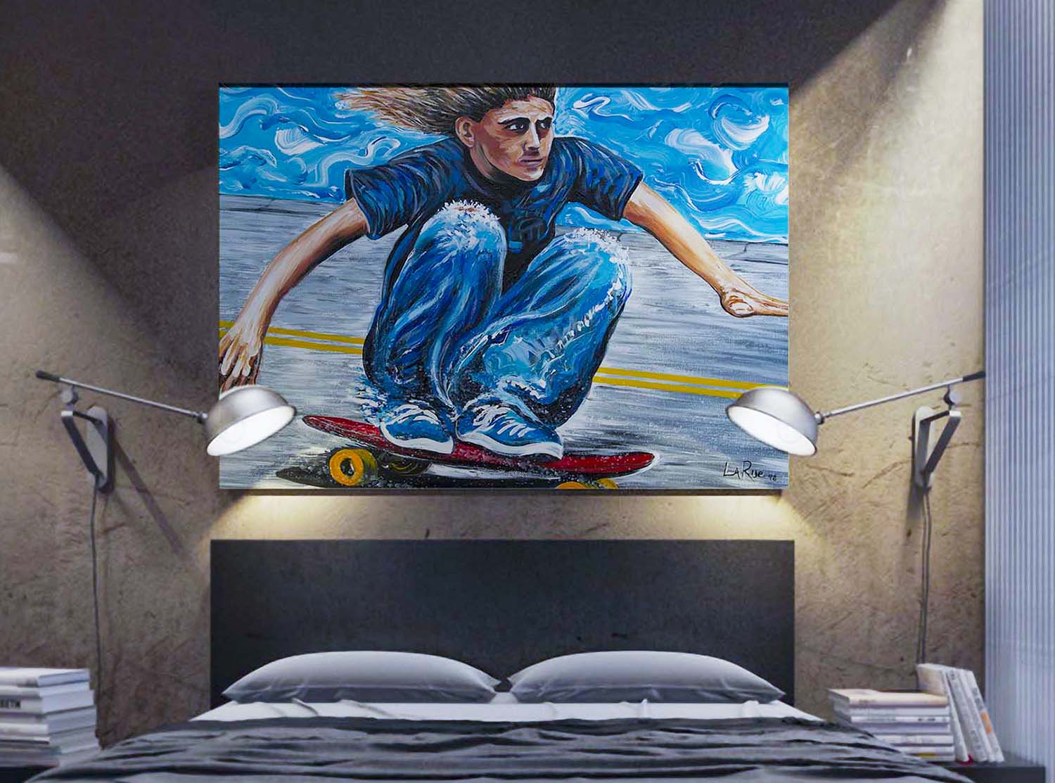 Zephyr Skates acrylic canvas painting by Doug LaRue on a wall in a bedroom